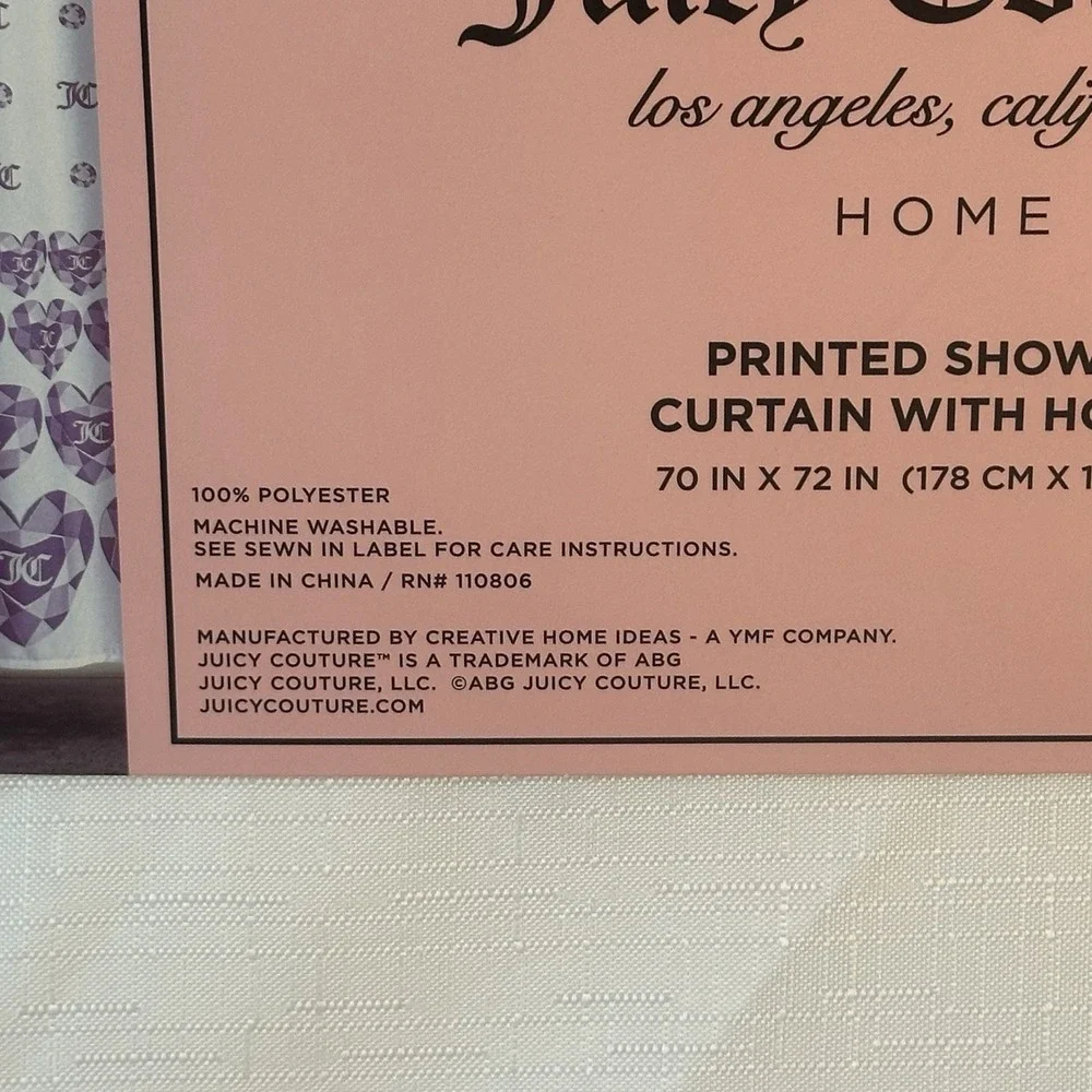 New Juicy Couture 70x72 Fabric Shower Curtain Hooks Set Purple Diamond White